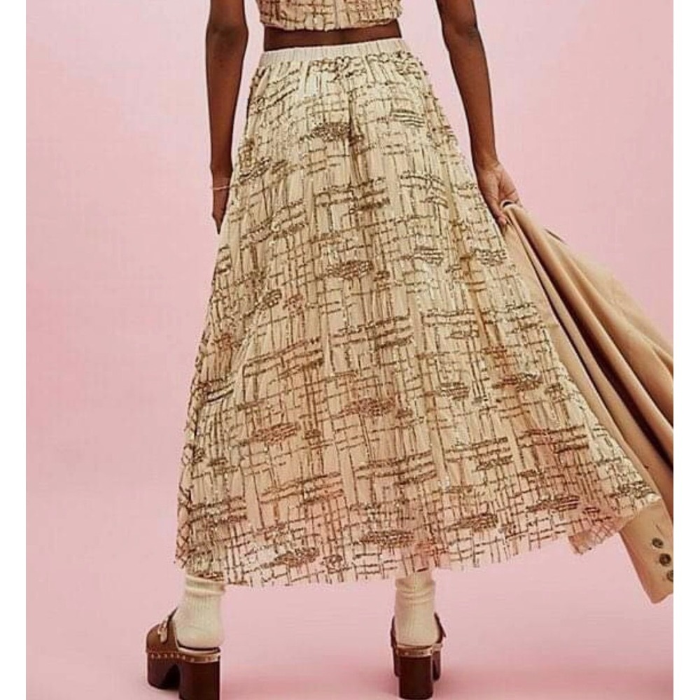 New Free People En Saison Midi Skirt Romi Sequin Gold‎ Flowy Boho Glam Medium - Picture 2 of 12